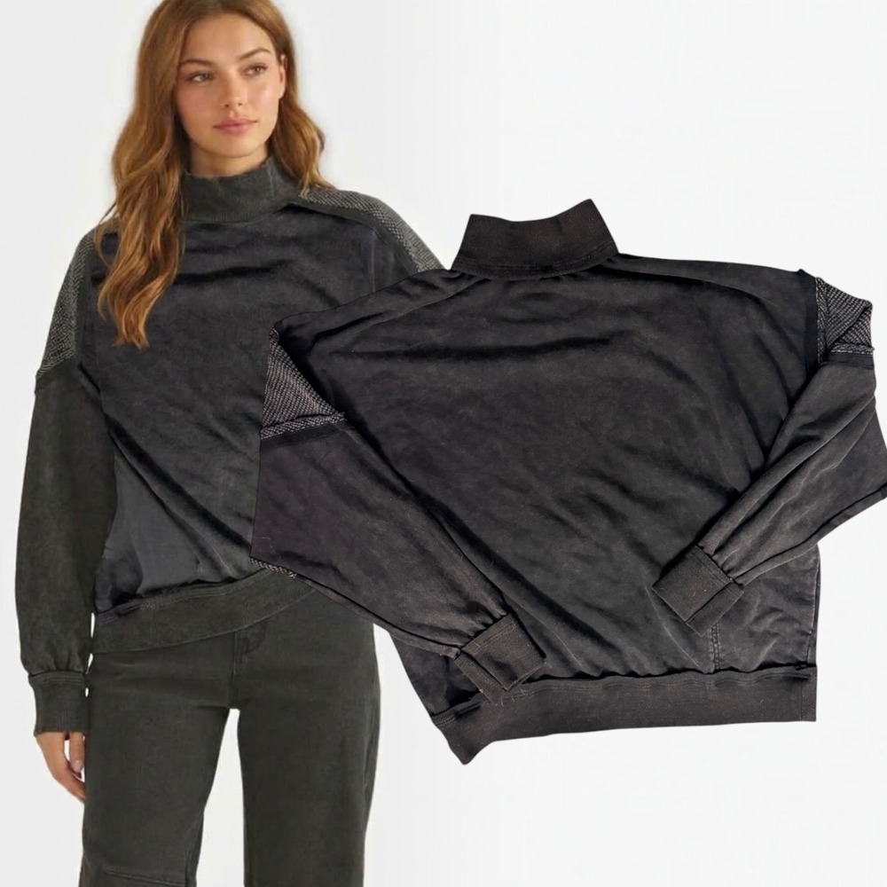 Oli and Hali Sweatshirt Acid Wash Waffle Knit Mock Neck Black XL